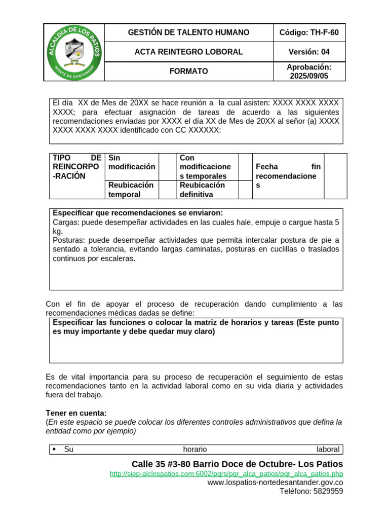 15879 Thf60 Acta de Reintegro Laboral Version 4 | PDF