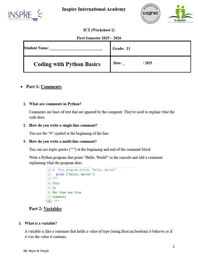 Grade 11 Worksheet1 Python Basics | PDF | Control Flow | Boolean Data Type