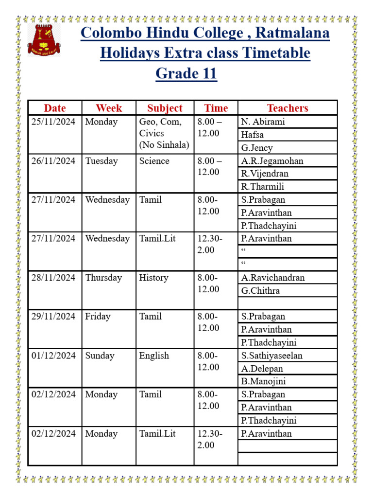 Holidays Extra Class Timetable | PDF