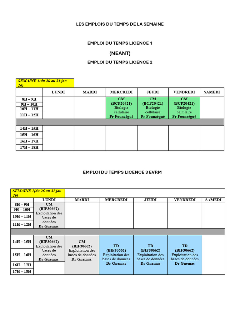 Emploi Du Temps de Tous Les Niveaux Semaine Du 26 Au 31 Janv 2025 - Ufr ...