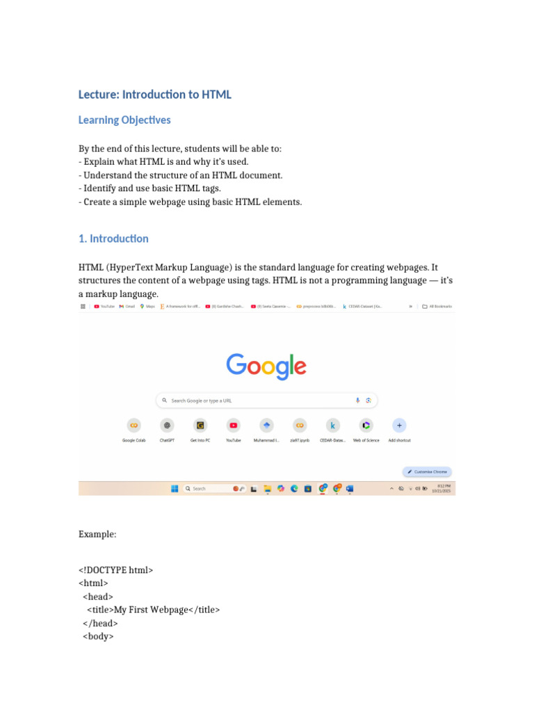 Lecture Introduction To HTML | PDF | Html | Hyperlink