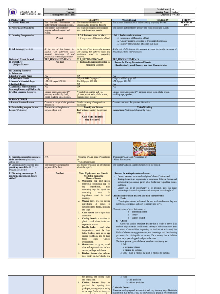 Cookery 9 DLL 4th Quarter | PDF | Custard | Pudding