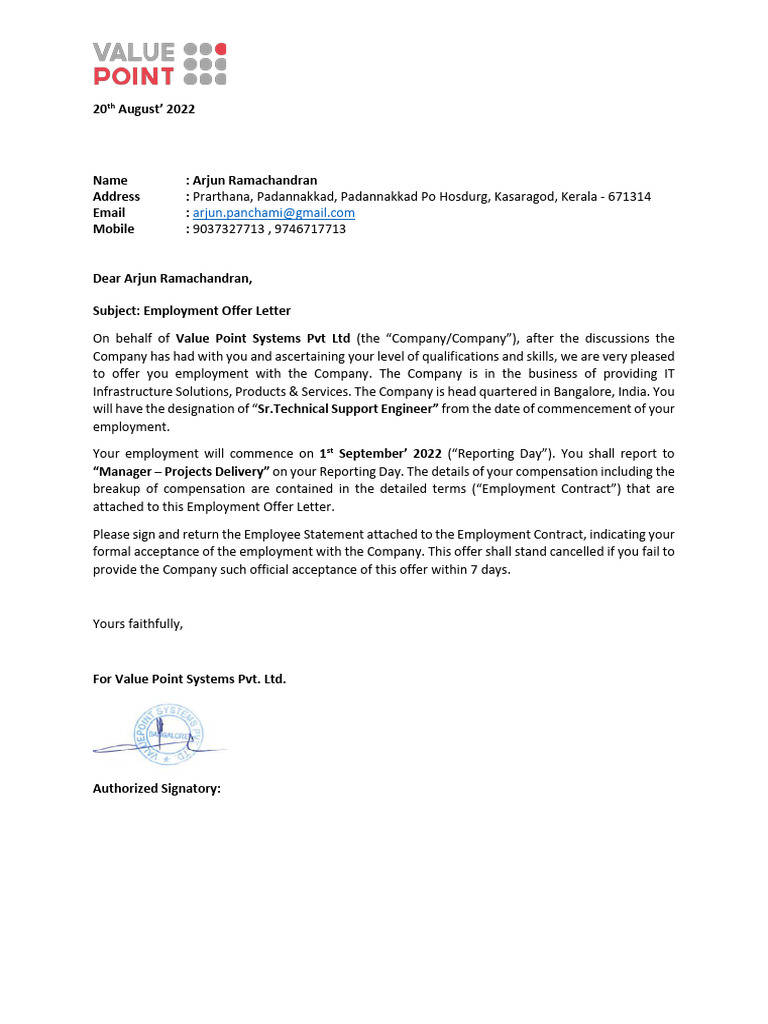 Value Points Appointment Letter - Arjun Ramachandran | PDF | Indemnity ...
