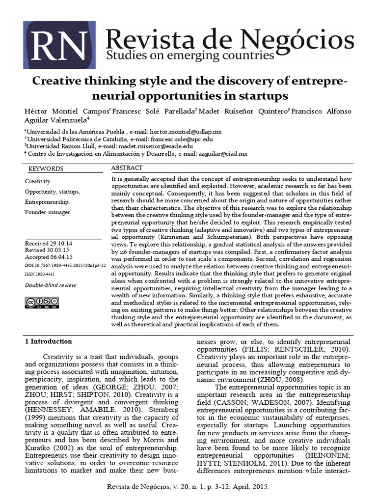 Creative Thinking Style and The Discovery of Entrepre-Neurial ...