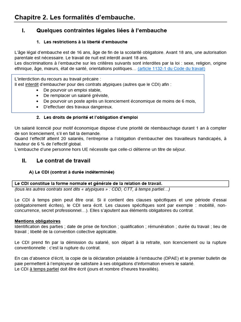 Chapitre 2 - Les Formalités D - Embauche | PDF | Convention collective ...