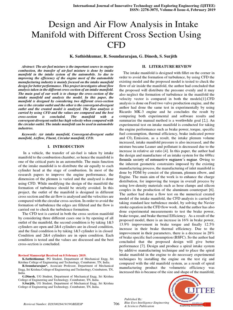 Design and Air Flow Analysis in Intake Manifold With Different Cross ...