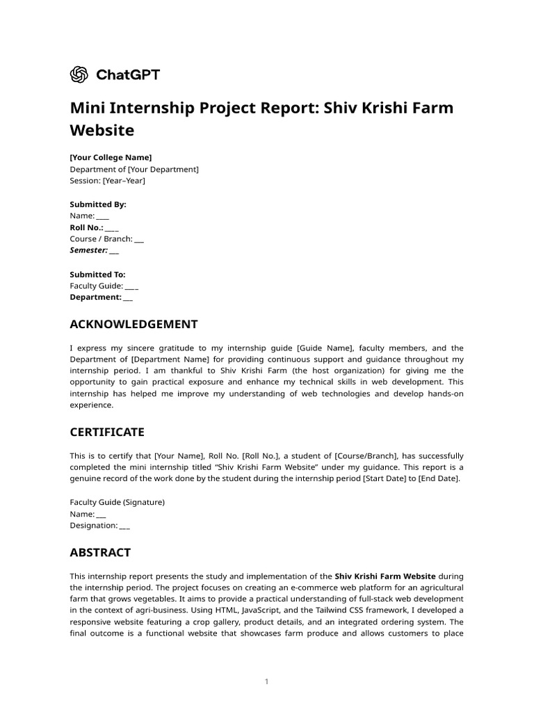 Mini Internship Project Report - Shiv Krishi Farm Website | PDF ...