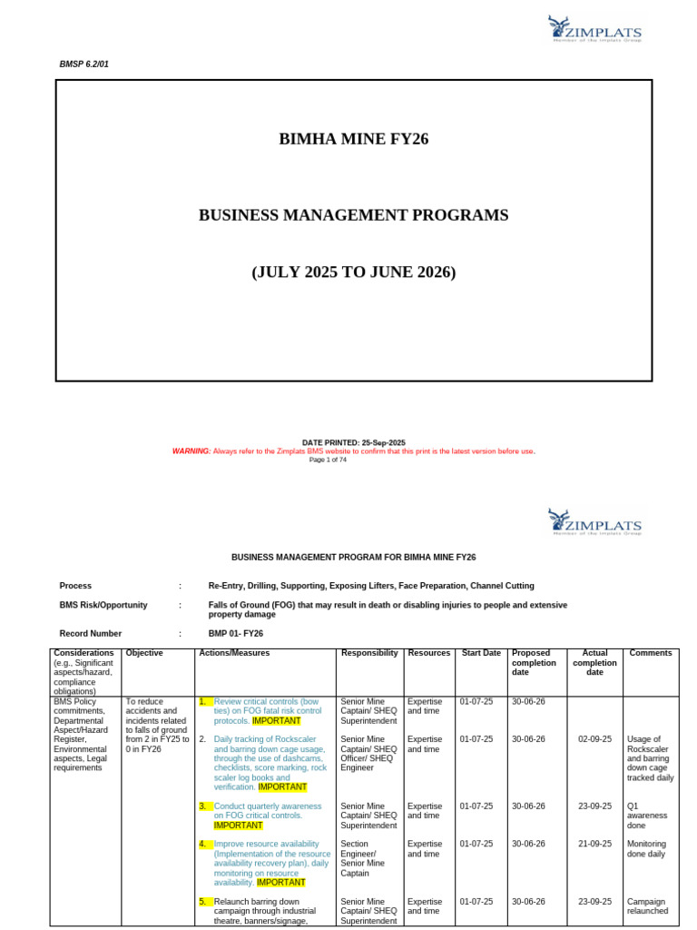 Bimha Mine Objectives and Programmes FY26 Q1 Review | PDF