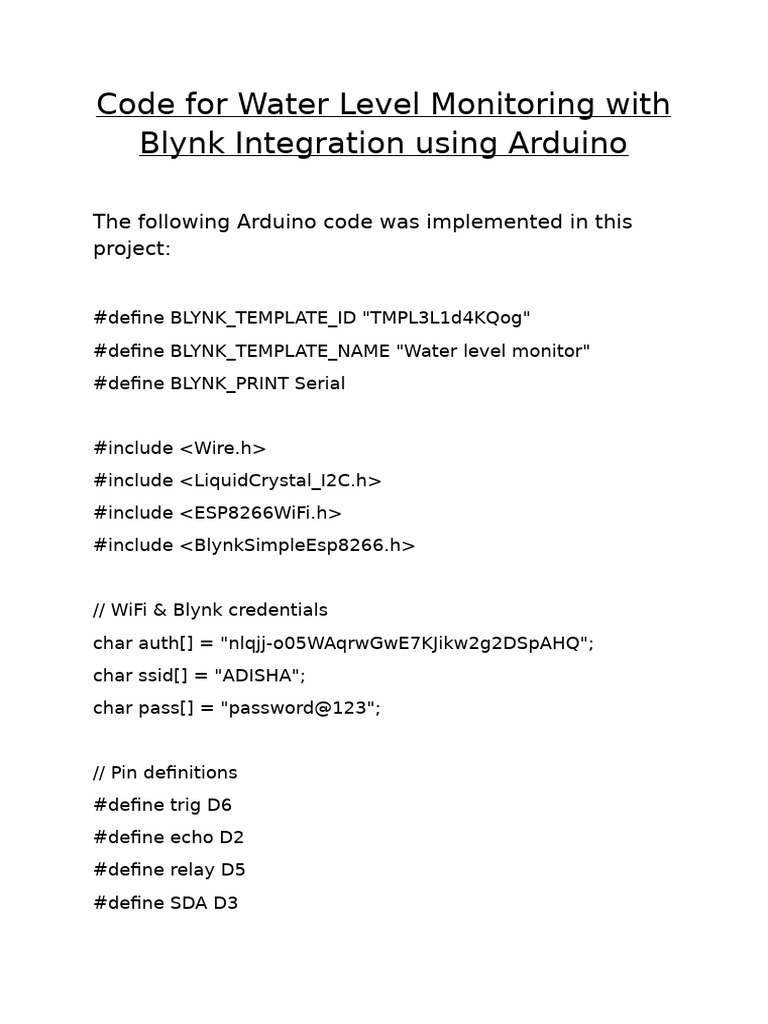 Code for Water Level Monitoring With Blynk Integration Using Arduino | PDF