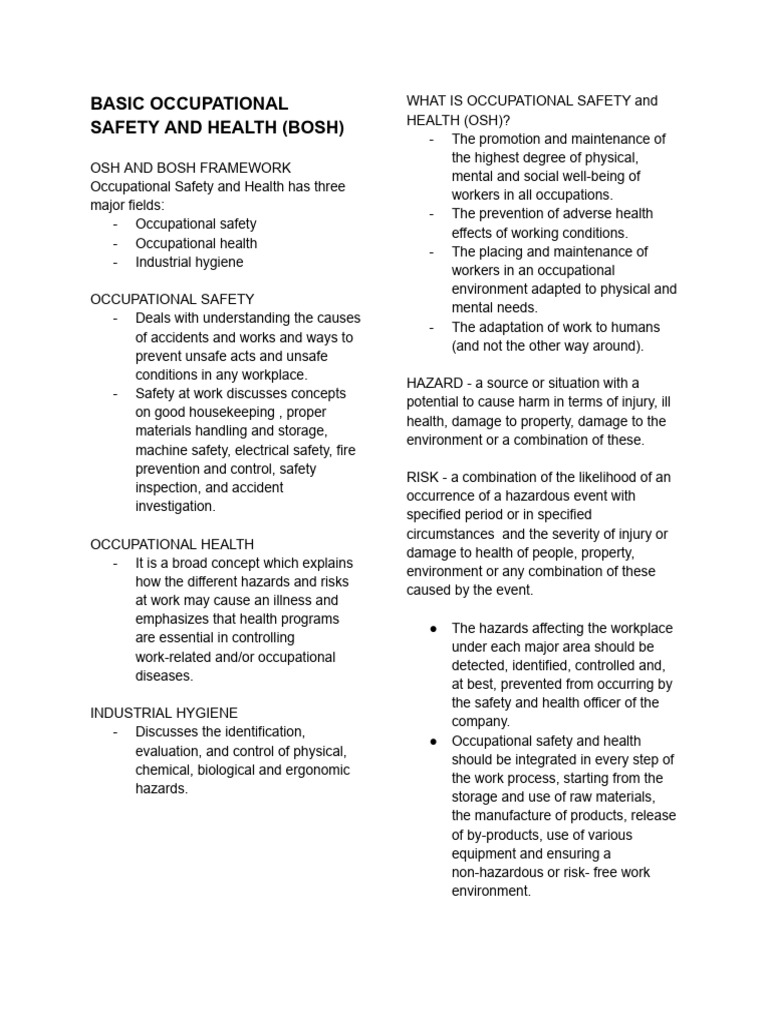 Prelim Bosh Reviewer | PDF | Occupational Safety And Health | Safety