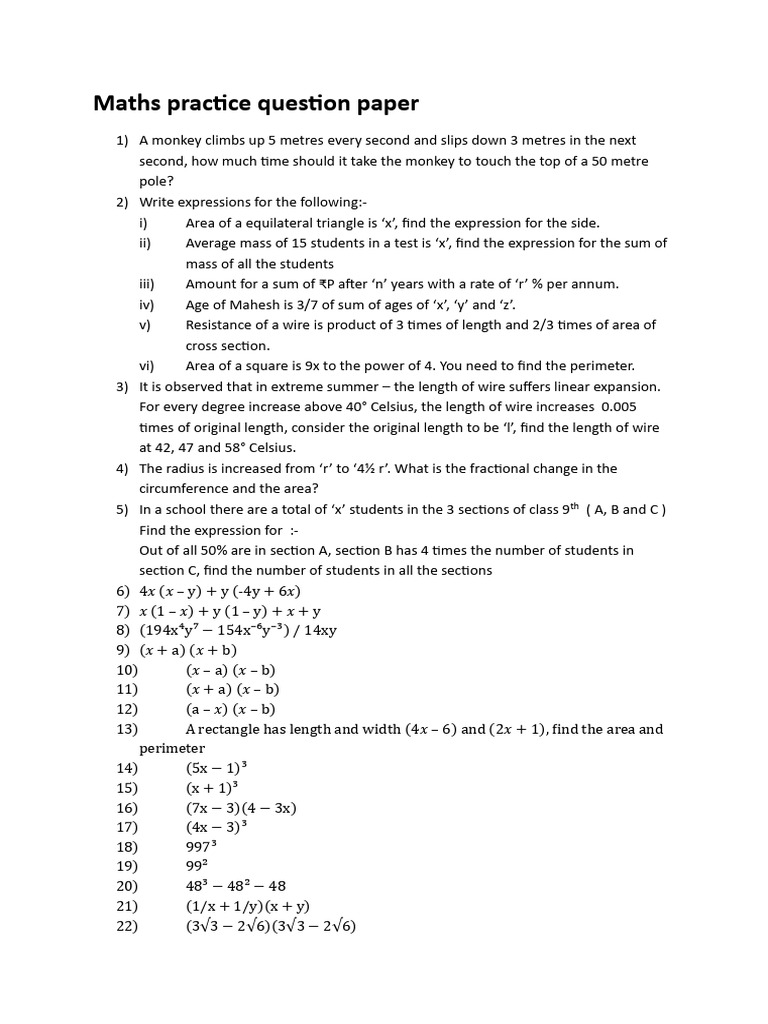 Maths Practice Question Paper | PDF | Area | Euclidean Geometry