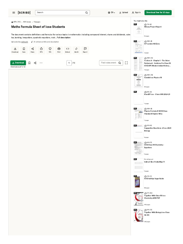 Www Scribd Com Doc 215422799 Maths Formula Sheet of Icse Students | PDF ...