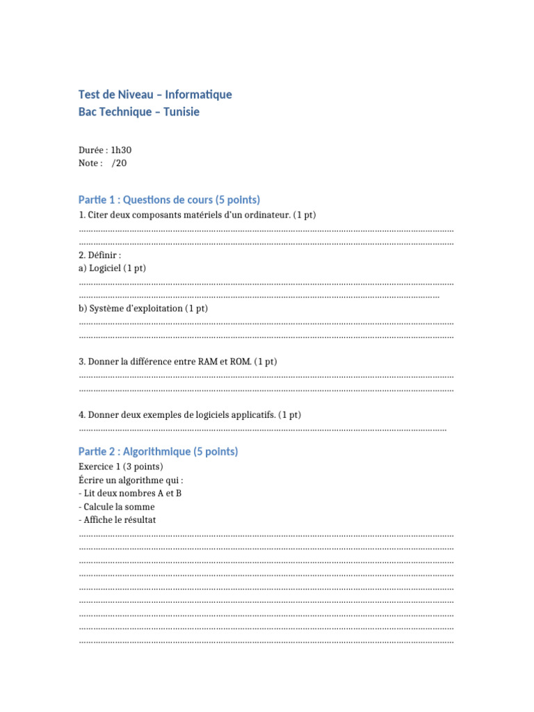 Test Niveau Informatique Bac Technique Tunisie | PDF