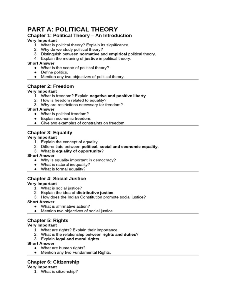 Important Questions Class Xi | PDF | Political Philosophy | Rights