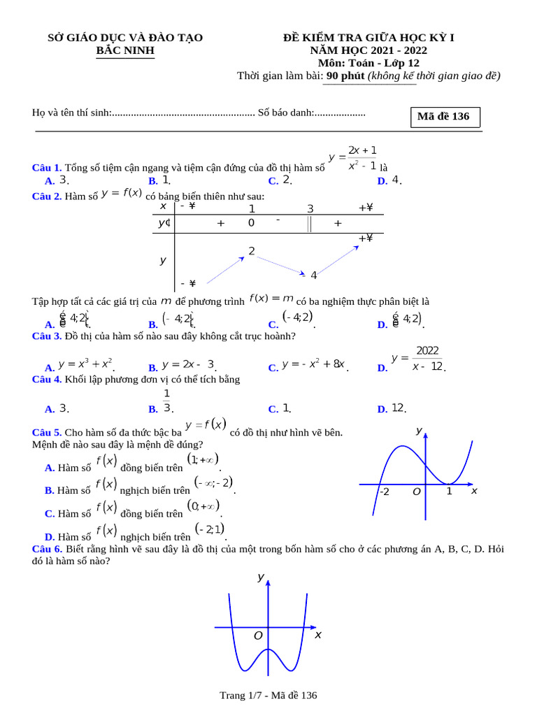 De Kiem Tra Giua Hoc Ky 1 Toan 12 Nam 2021 2022 So Gddt Bac Ninh (1) | PDF