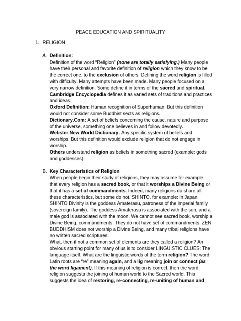 Peace Education and Spirituality: Handouts On Religion | PDF | Divinity ...