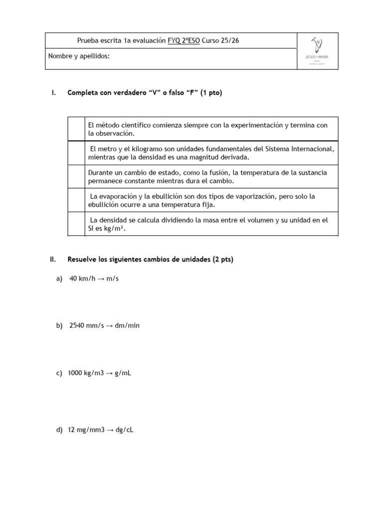 _ Prueba Escrita 1a Evaluación FYQ 2ºESO Curso 25_26 | PDF