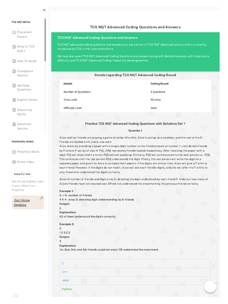 TCS NQT Advanced Coding Questions and Answers - PrepInsta | PDF ...