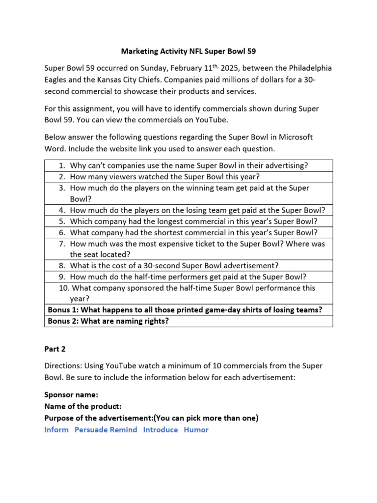 Super Bowl 59 Marketing Activity 1 | PDF