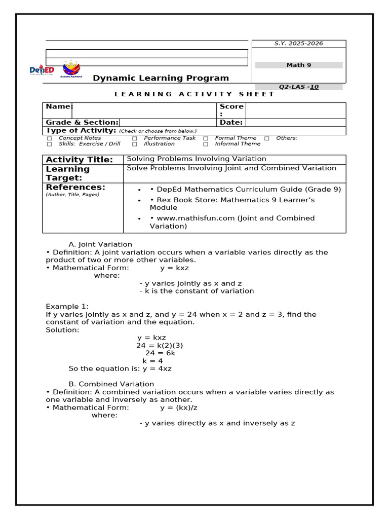 Math 9 Solving Problems Involving Variations | PDF | Variable ...