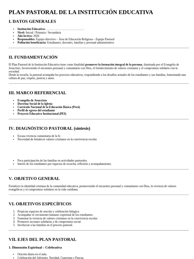 PLAN PASTORAL DE LA INSTITUCIÓN EDUCATIVA en La IA | PDF | Autoestima ...