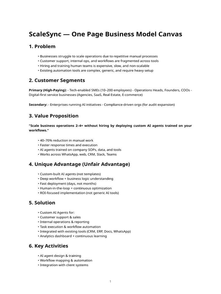 Scale Sync - One Page Business Model Canvas | PDF | Artificial ...