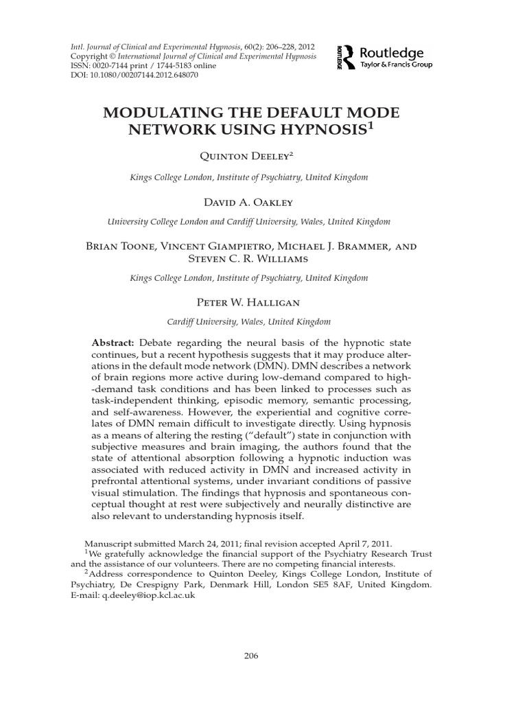 Modulating The Default Mode Network Usin | PDF | Hypnosis | Functional ...