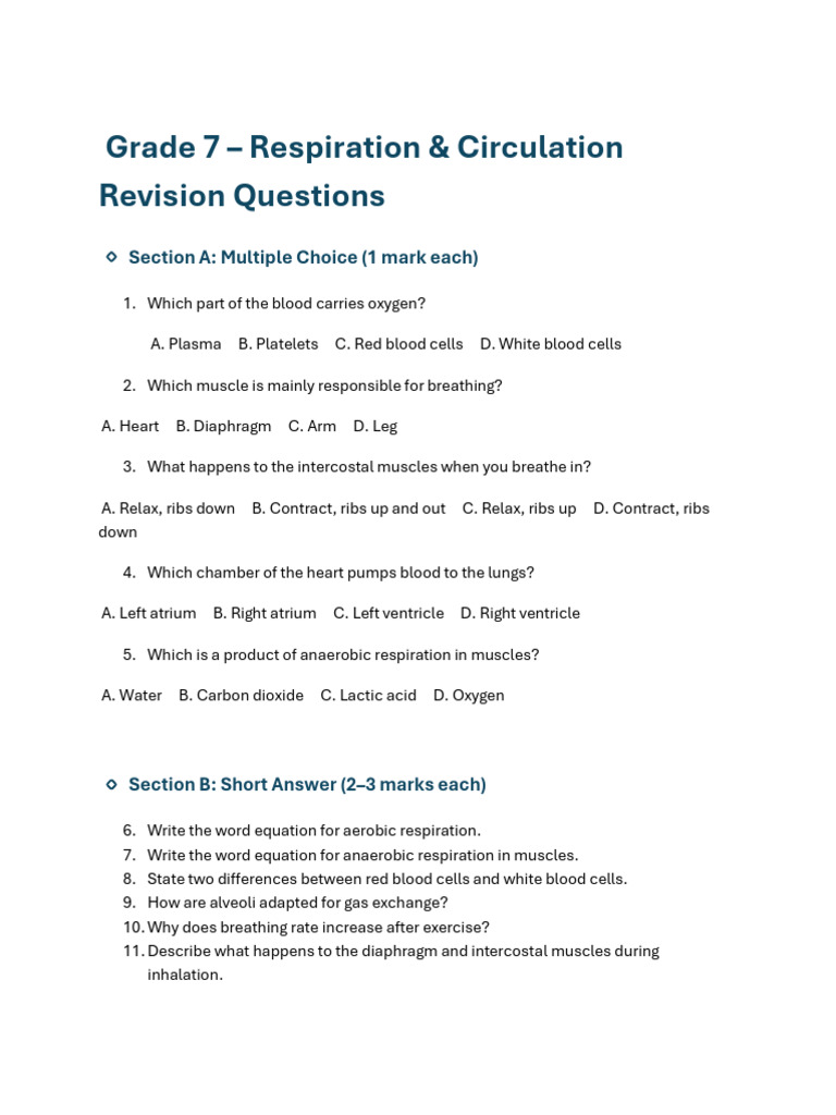 Grade 7 - Respiration & Circulation Revision Questions | PDF