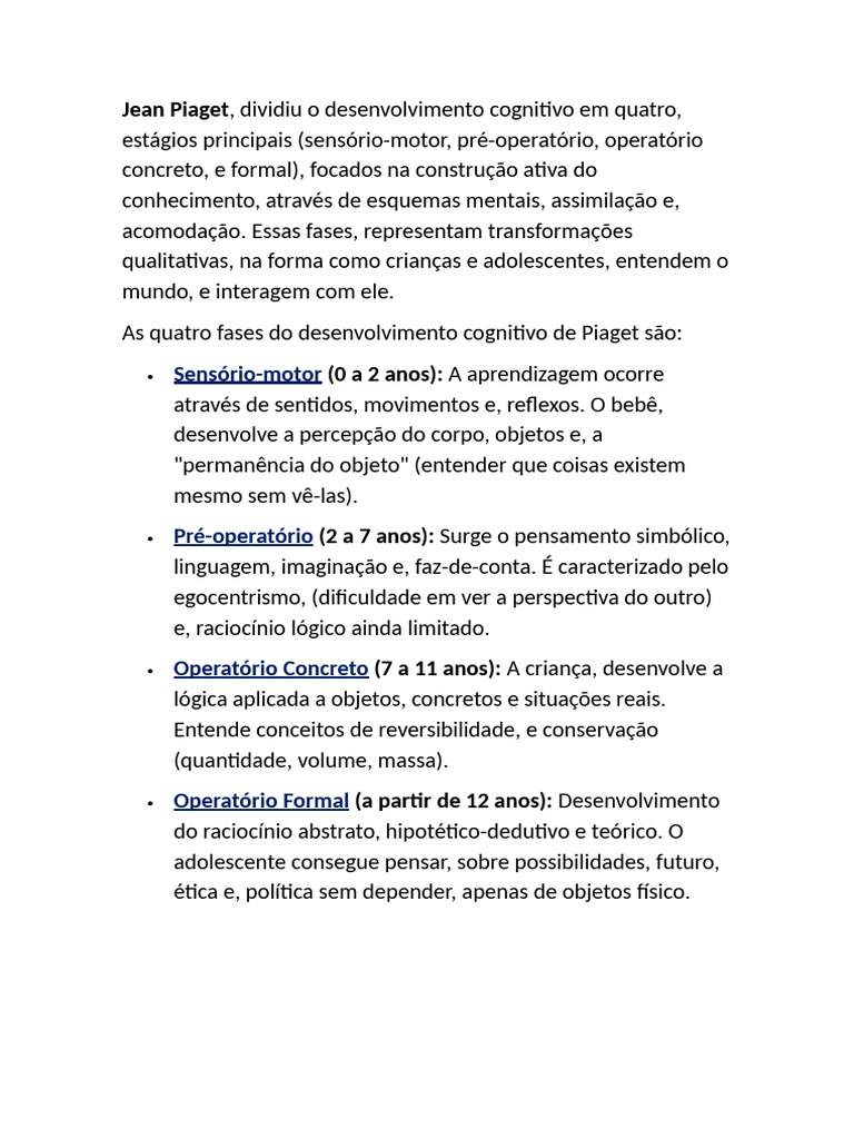 Os Estágios Do Desenvolvimento de Jean Piaget | PDF