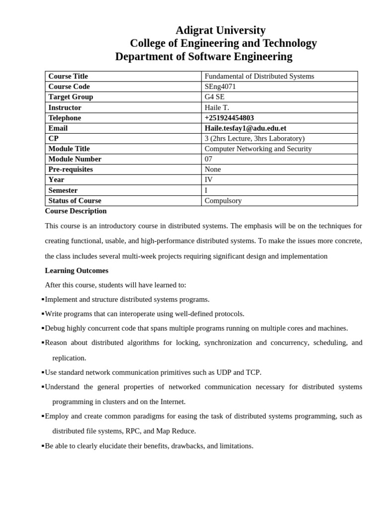 G4 SE DS coursePlan | PDF | Replication (Computing) | Distributed Computing