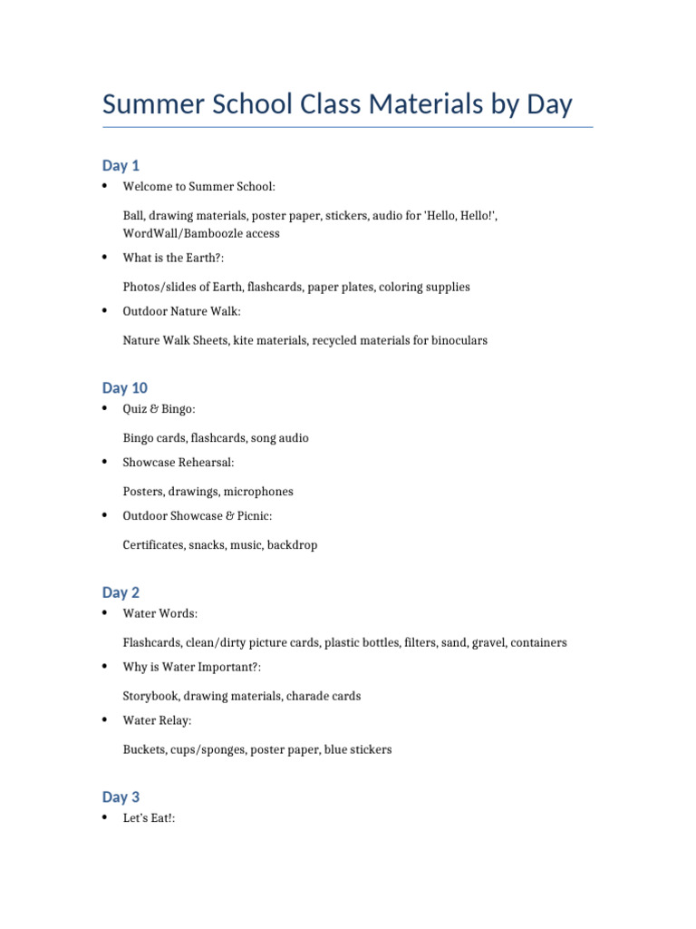 Summer School Class Materials by Day | PDF