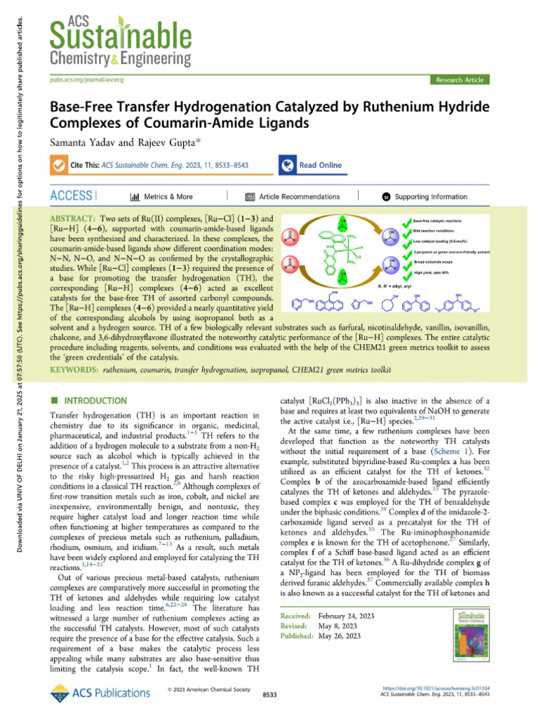 Base- Free Transfer Hydrogenation Catalysed by Ruthenium Hydride ...