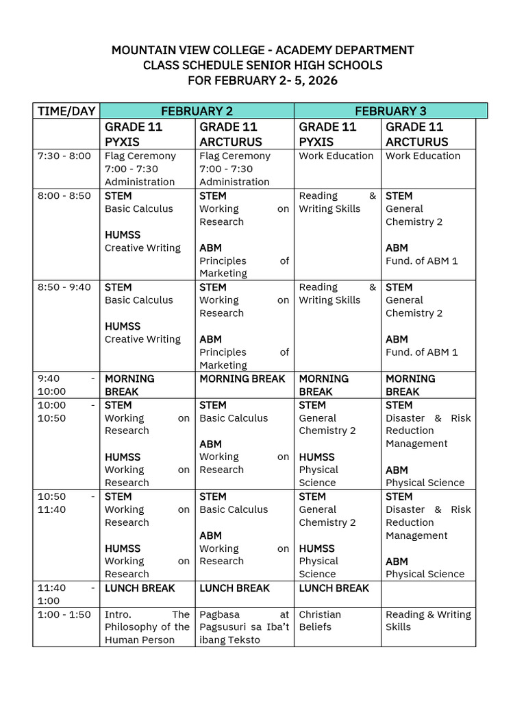 Grade 11 Class Schedule For February 2 5 | PDF | Science, Technology ...