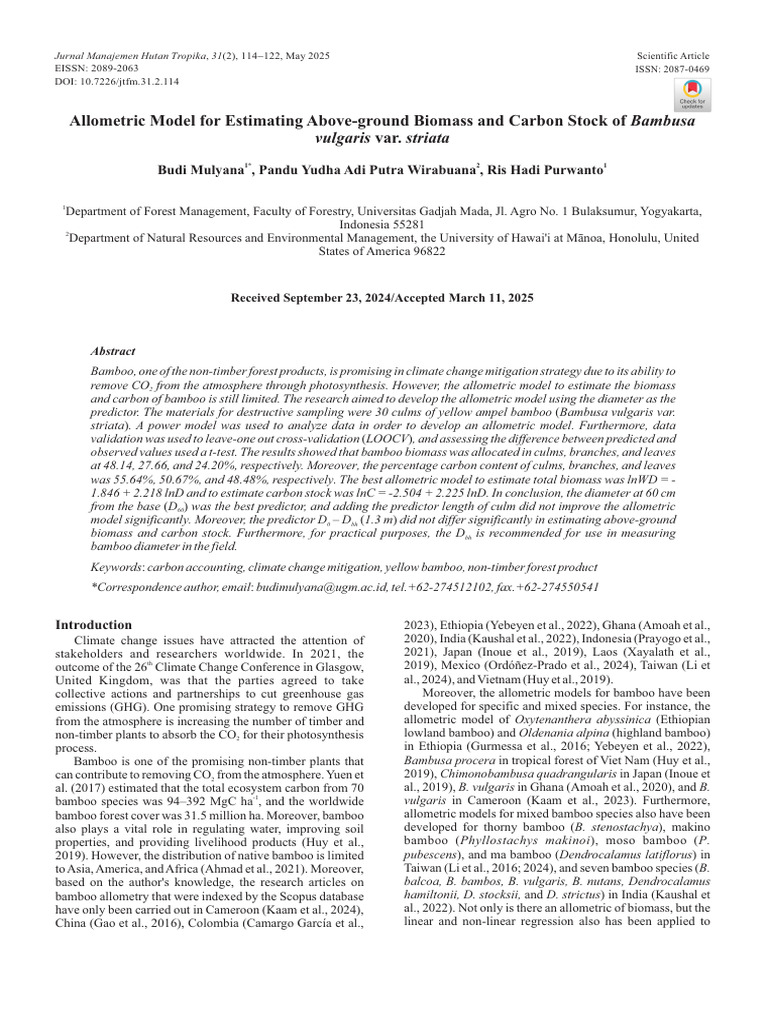 Allometric Model For Estimating Above-Ground Biomass and Carbon Stock ...