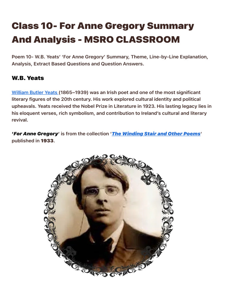 Class 10 - For Anne Gregory Summary and Analysis - MSRO CLASSROOM | PDF ...