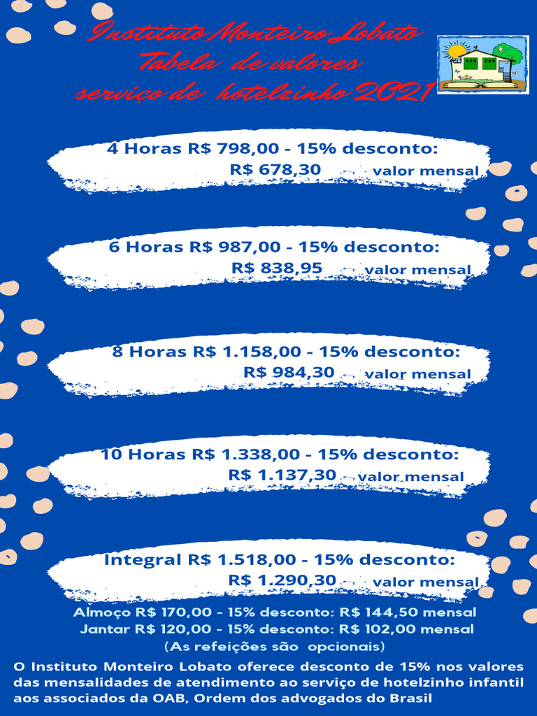 Tabela de Valores - Monteiro Lobato Hotelzinho - 2021 | PDF