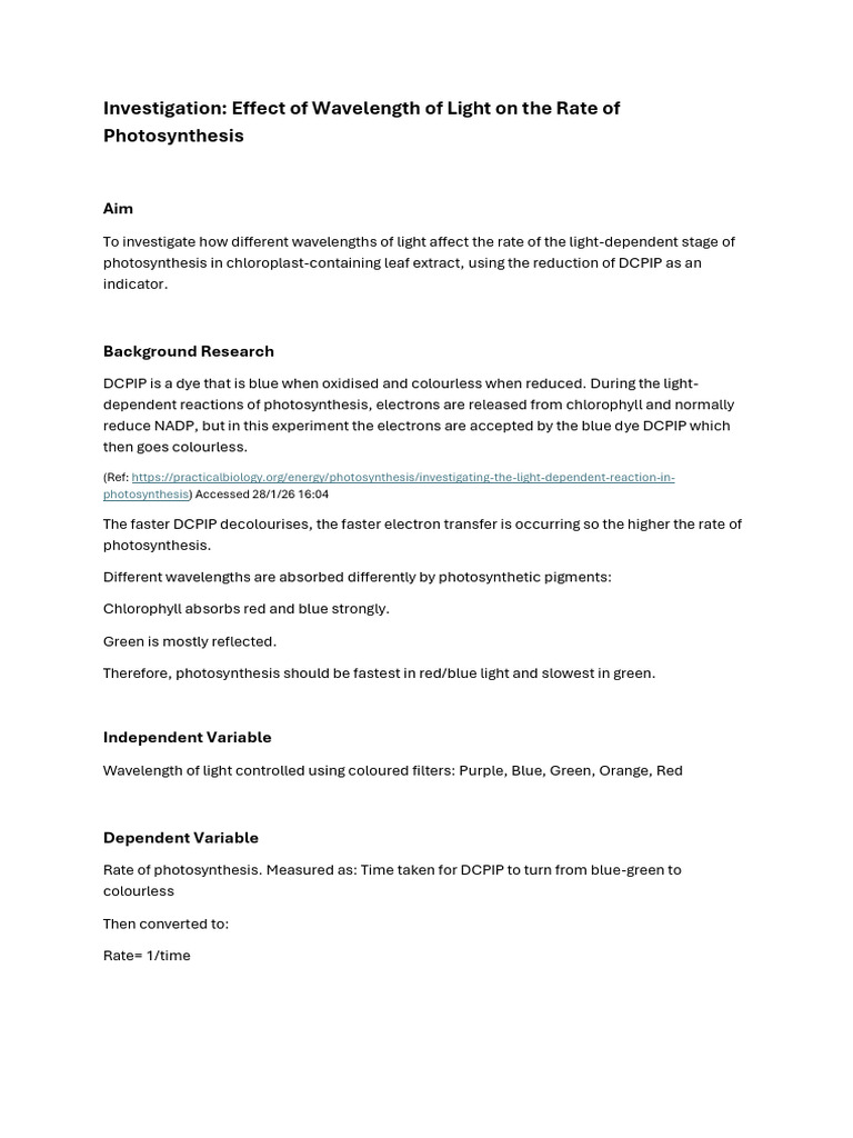 Investigation Effect of Wavelength of Light On The Rate of P | PDF ...