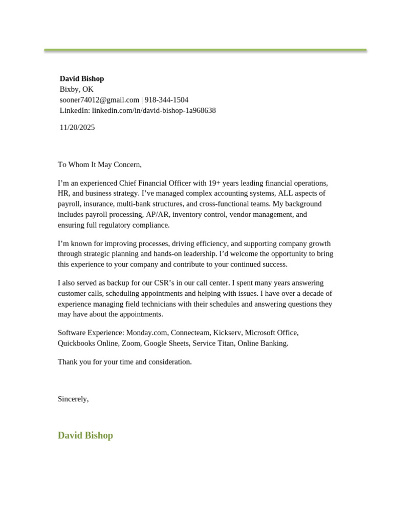 David Bishop Cover Letter | PDF