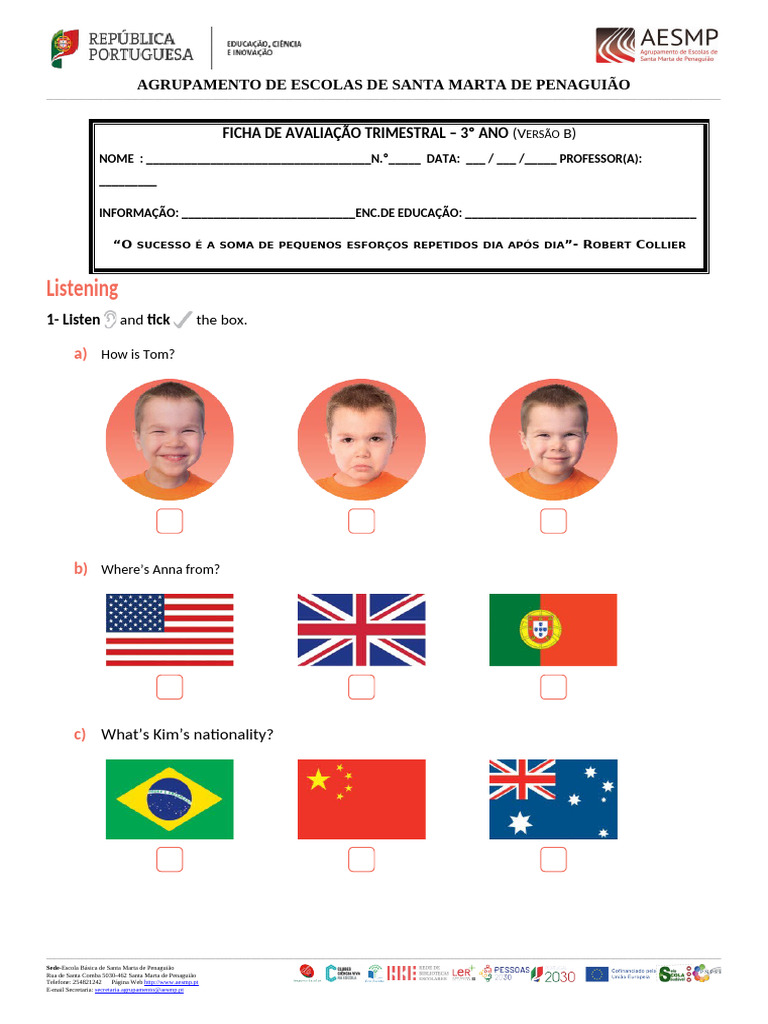 Ficha de Avaliação Trimestral 1 - 3º Ano Versão B | PDF