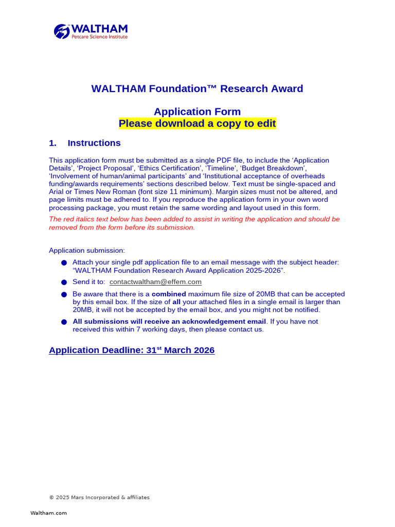 WALTHAM Foundation Application Form 2025-2026 | PDF | Methodology