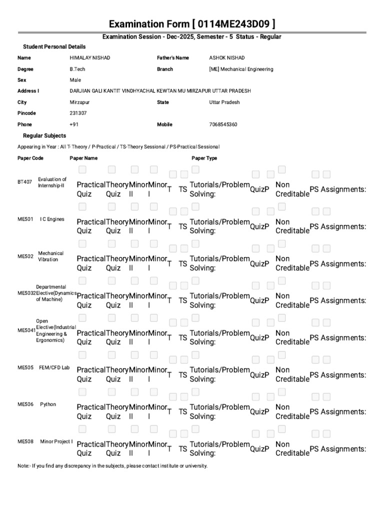 5th Sem Exam Form | PDF | Mechanical Engineering | Engineering