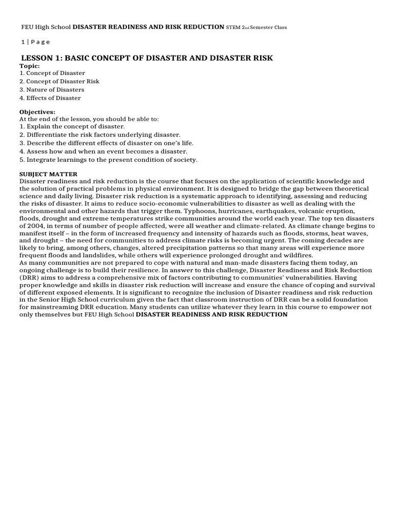 Lesson 1: Basic Concept of Disaster and Disaster Risk | PDF