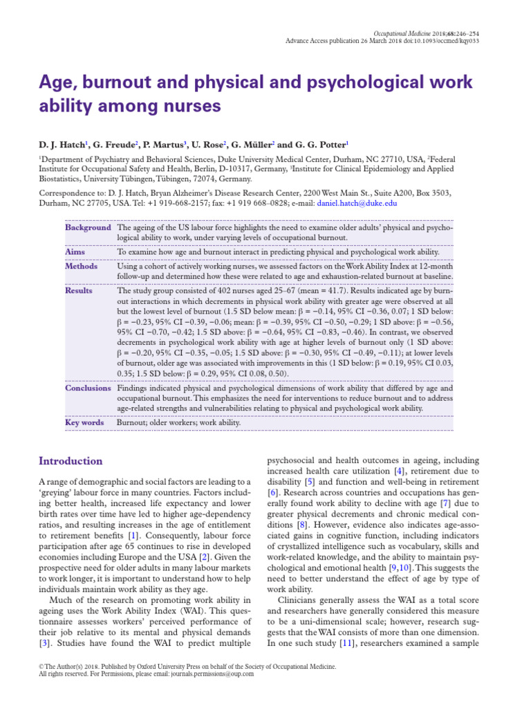 Age, Burnout and Physical and Psychological Work Ability Among Nurses ...