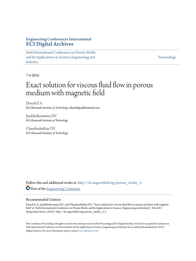 Exact solution for viscous fluid flow in porous medium with magne | PDF ...