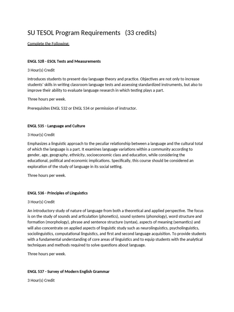 SU TESOL Program Requirements | PDF | Linguistics | English As A Second ...
