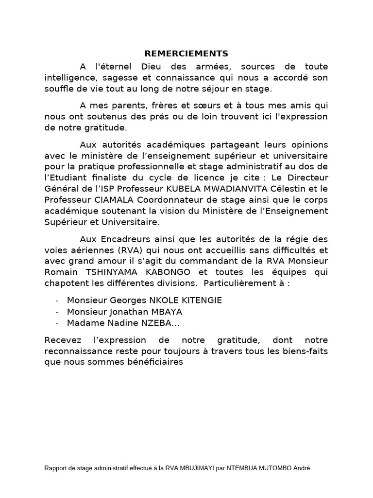 Rapport de Stage Andre Rva - 052915 | PDF | République démocratique du ...