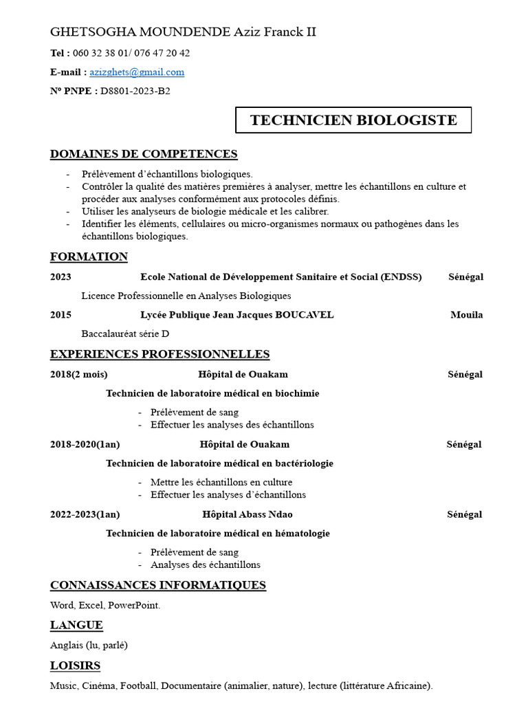 CV Ghetsogha Moundende Aziz Franck II | PDF