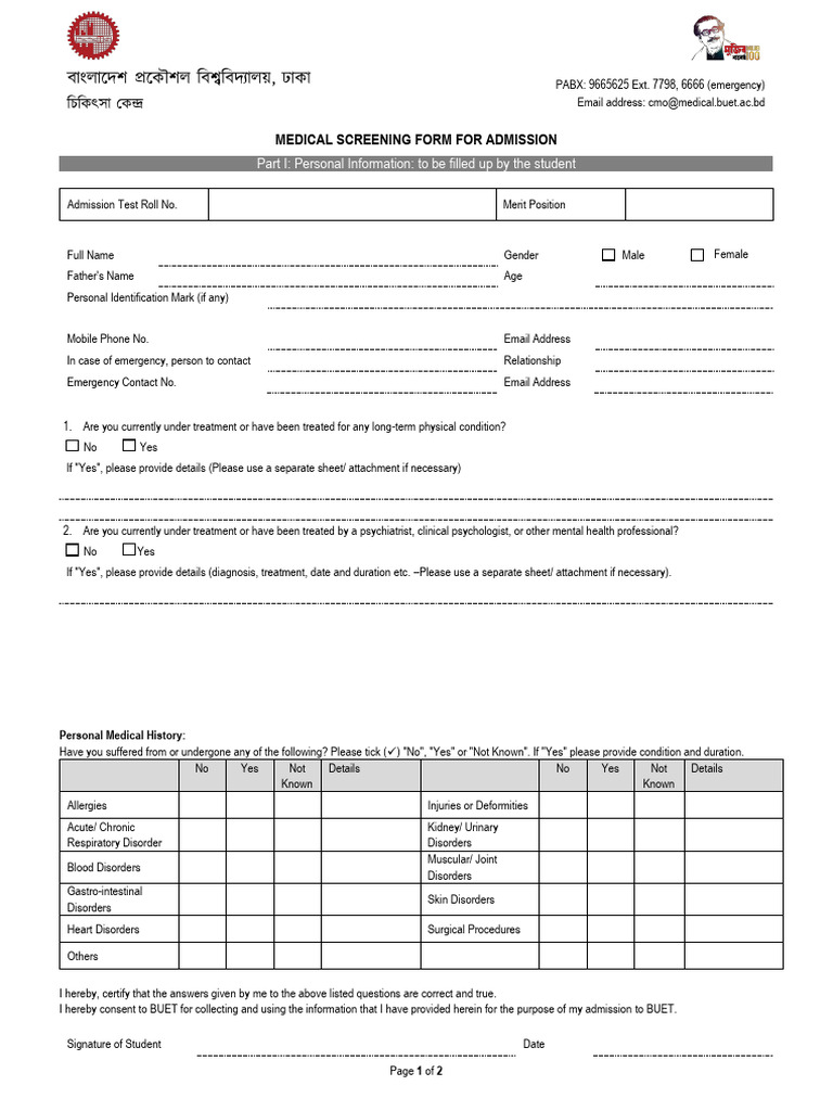 Medical Screening Form 2023 24 | PDF | Respiratory System | Medicine