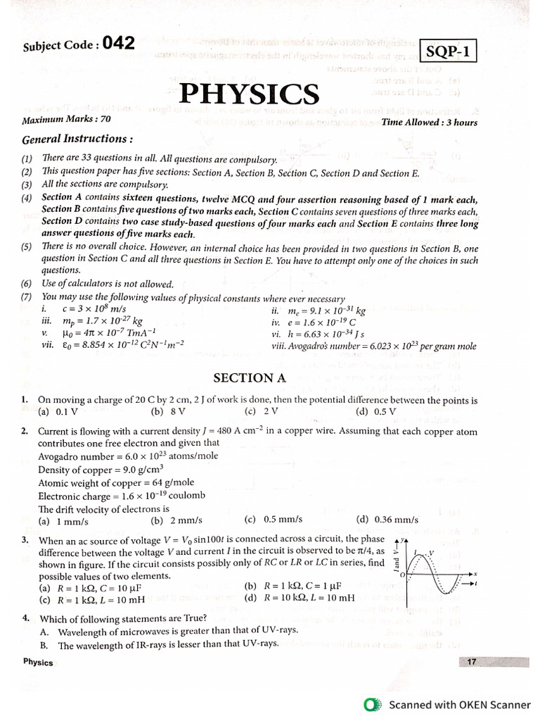 Physics Sample Question Papers | PDF
