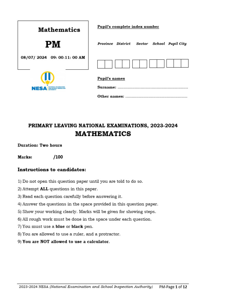 2024 Mathematics Primary | PDF | Angle | Mathematics